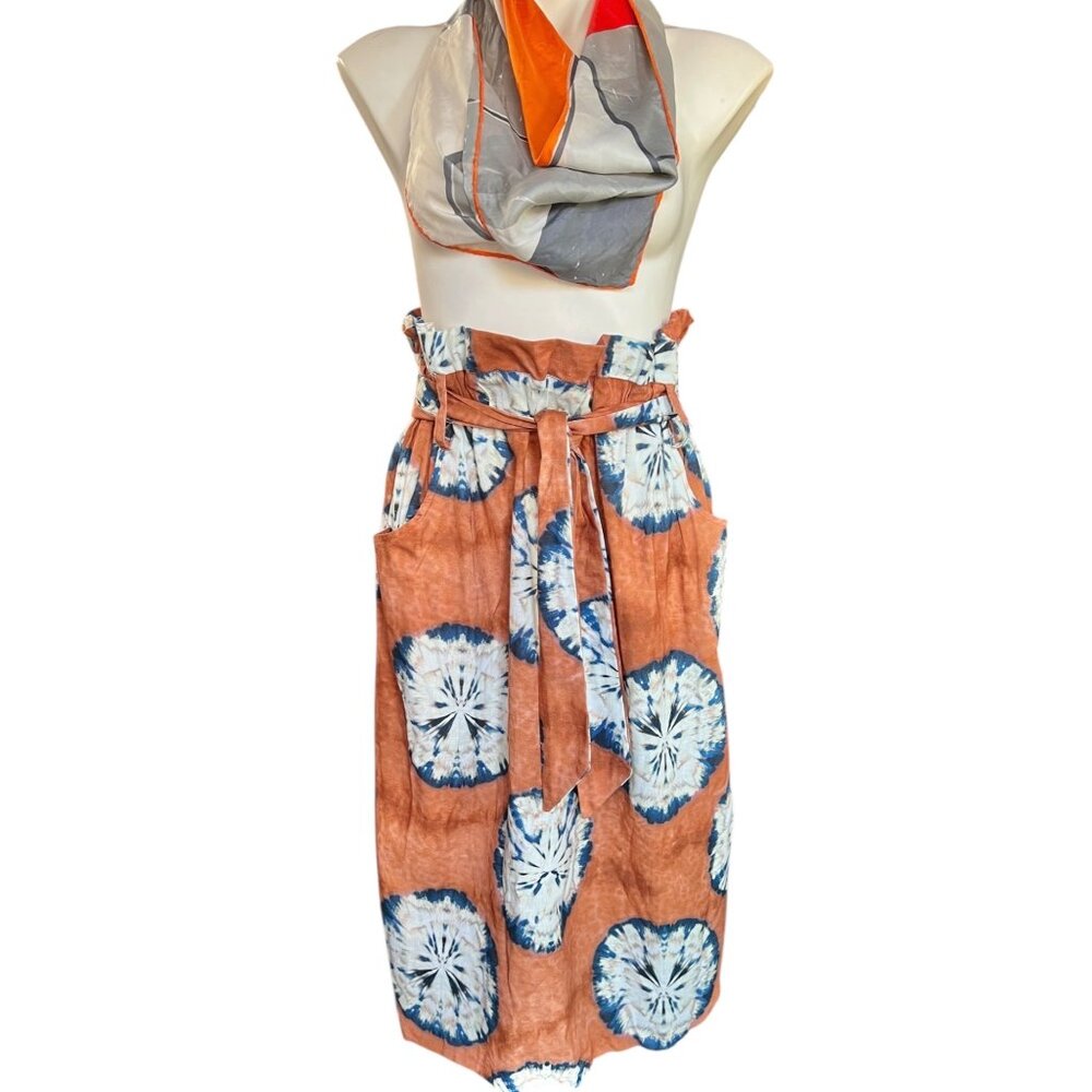 Anthropologie Porridge Skirt Size M Tie Pockets Rust Blue Off White Belt Cotton